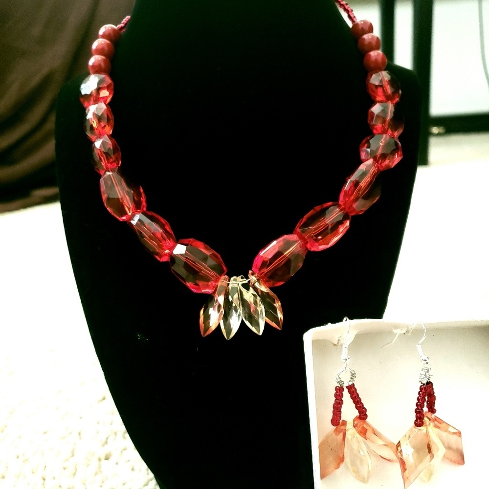 Faux Ruby Necklace and Earrings set